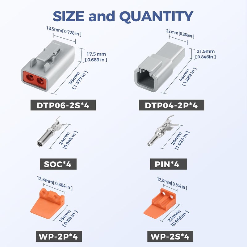 Deutusacc 32 PCS Deutsch DTP Connector Kit 2 Pin Automotive Waterproof Connectors 4 sets with Size 12 Stamped Contacts Gauge 14-12 AWG Wire Size,25A - Image 2